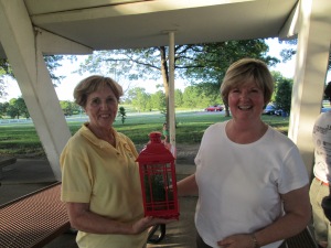 Past President Judy Cox presented with a parting gift by new President Judy Miksch.